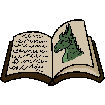 a book with a brown cover, open to about halfway. on the left page are squiggles representing writing, and on the right is a picture of a dragon